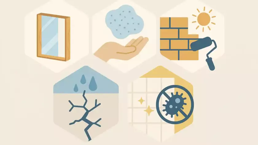 Illustration vectorielle des 5 matériaux révolutionnaires : bois transparent, aérogel de silice, peinture photovoltaïque, béton auto-régénérant et carrelage antibactérien.