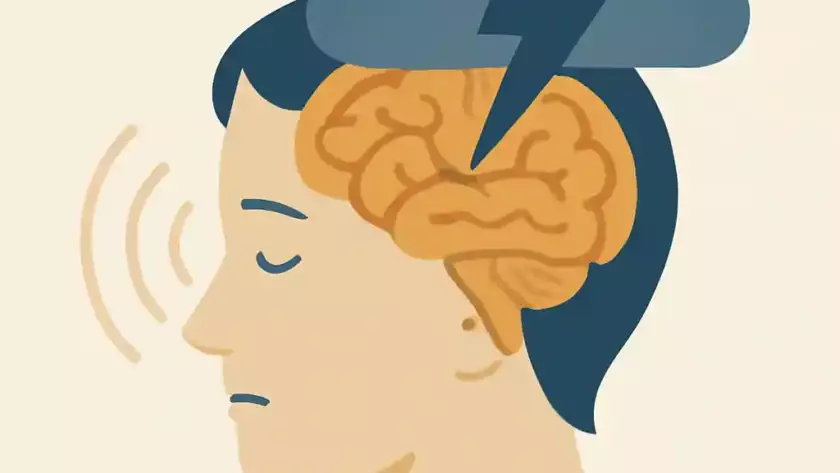 Illustration vectorielle d’un profil humain avec cerveau visible, nuage orageux et onde sonore symbolisant l’impact psychologique.